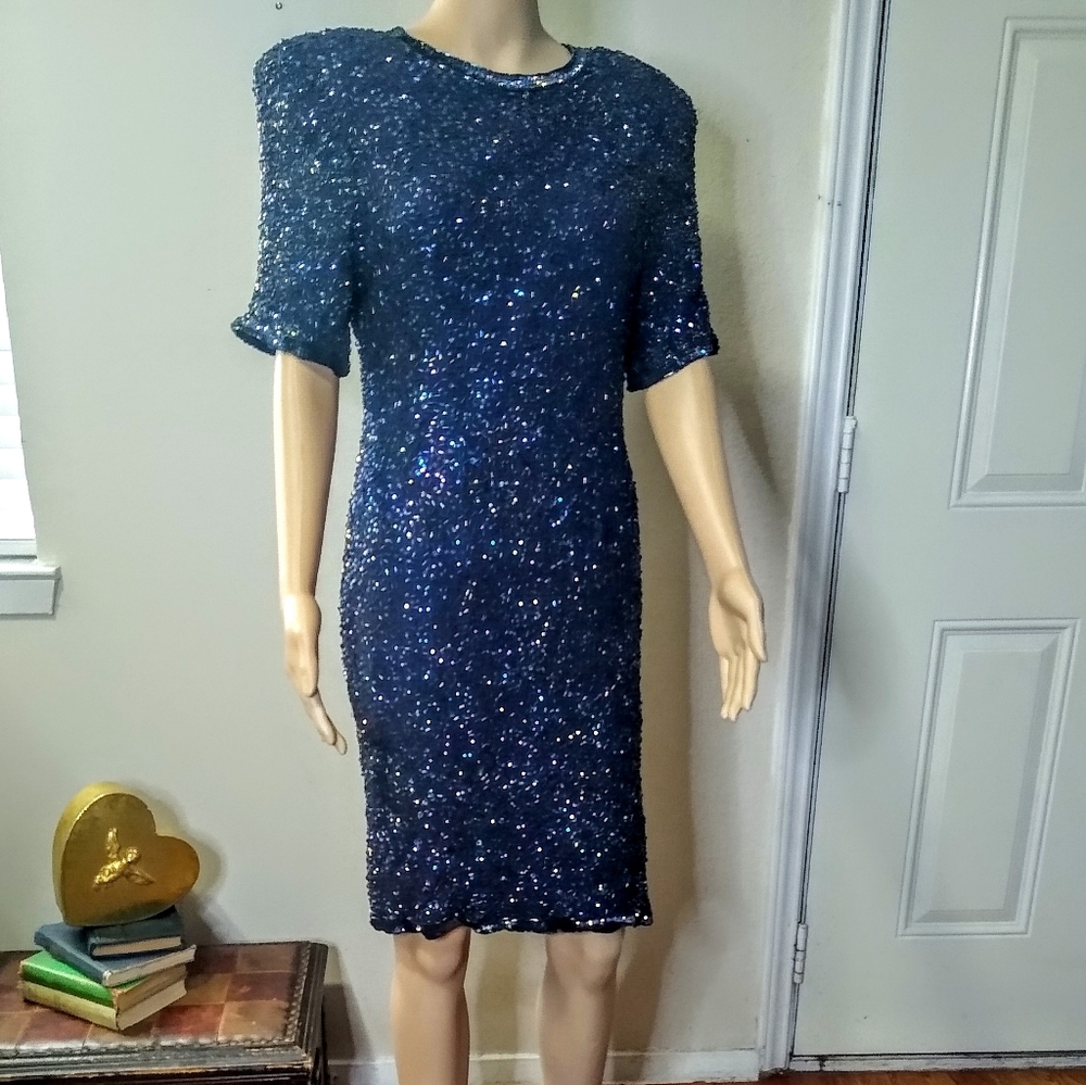 Interlude CA 80s Dark Blue Sequin form fitting Dress